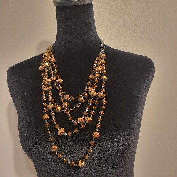 Vintage Amber Yellow Opalescent black link 4 multistrand Glass Bead Necklace - Picture 1 of 5